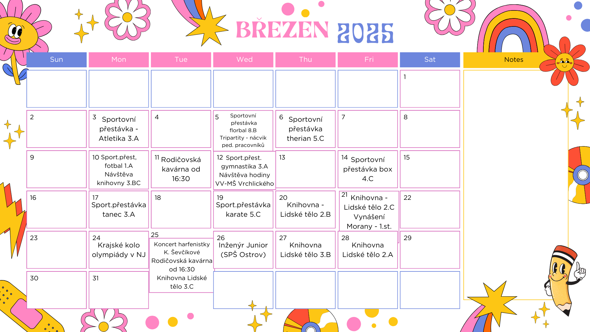 Colorful Illustrated Retro Groovy Cartoon March 2025 Monthly Calendar